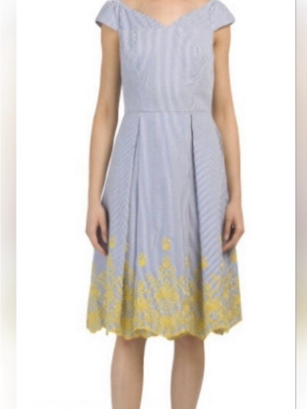 Nicole Miller Blue and White striped Dress with Yellow Hem Embroidery